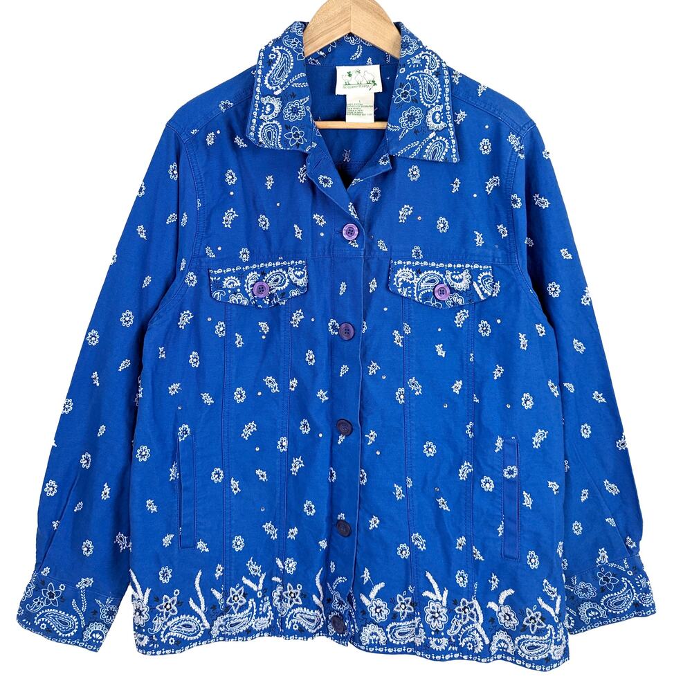 Vintage 90s Y2K Jean Denim Jacket Embroidered Paisley Retro Rhinestones Blue L